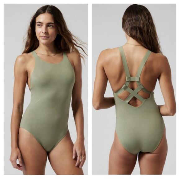 NWT Athleta Palm One Piece Swimsuit Small Green Strappy Back Modest Coverage - Picture 1 of 14